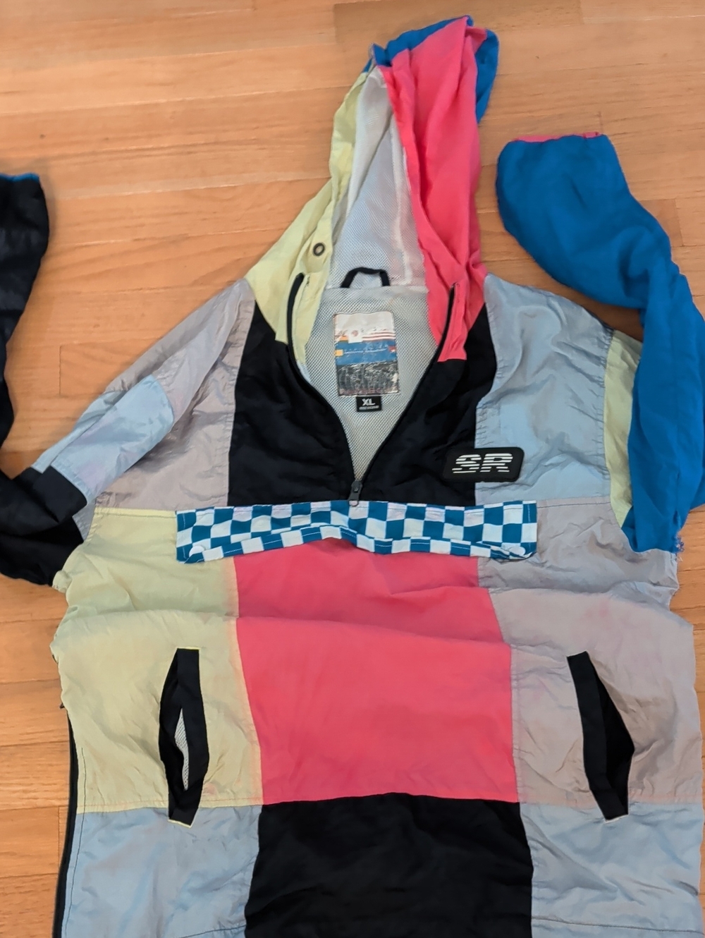 Men's Vintage Style Colorblock Hooded Windbreaker Jacket - Pink & Blue